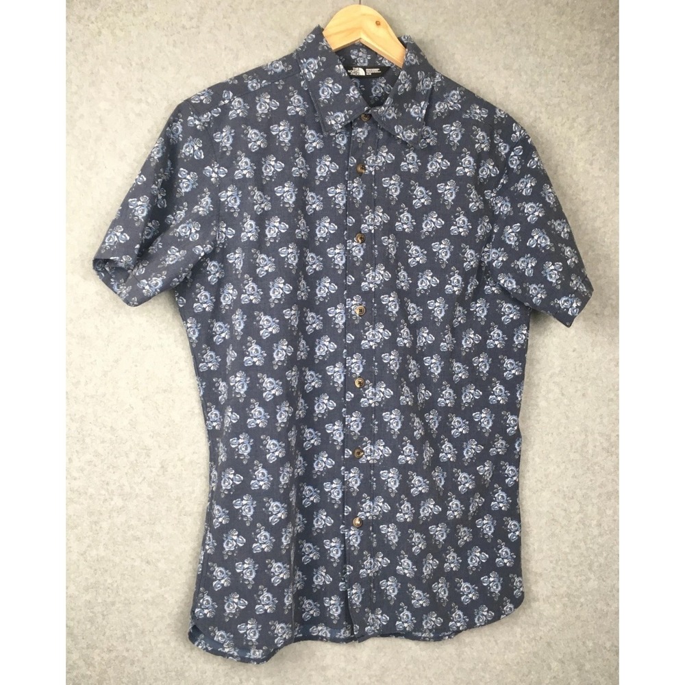 The North Face Mens Medium Blue Floral Button Up Short Sleeve Shirt